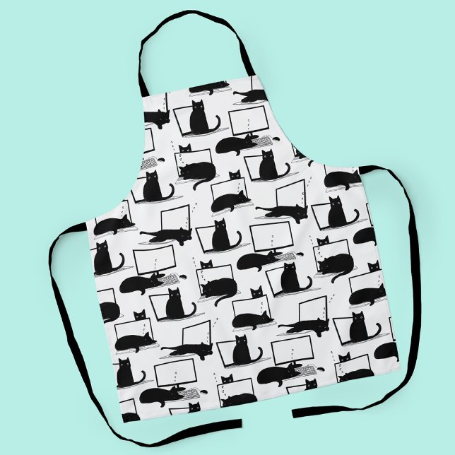 Black Cats Sitting on Laptops Pattern Apron (Black Cats Sleeping on Laptops Pattern Apron)