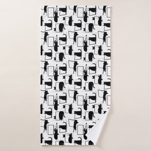 Black Cats Sitting on Laptops Pattern Bath Towel (Bath Towel)