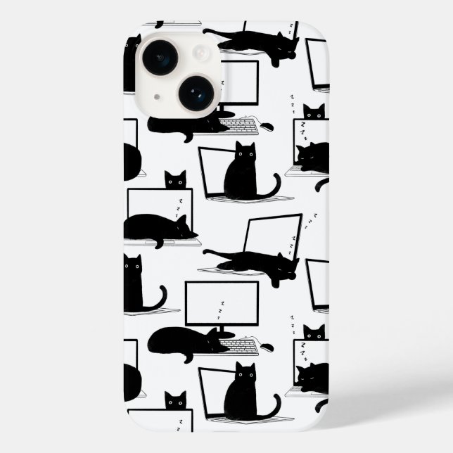 Black Cats Sitting on Laptops Pattern Case-Mate iPhone Case (Back)