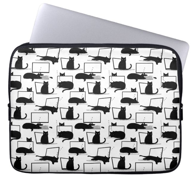 Black Cats Sitting on Laptops Pattern Laptop Sleeve (Front)