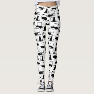 Black Cats Sitting on Laptops Pattern Leggings