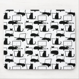 Black Cats Sitting on Laptops Pattern Mouse Mat