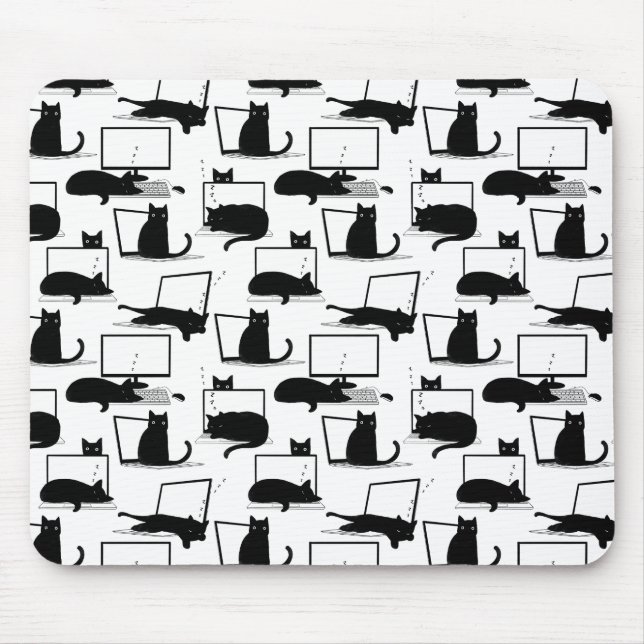 Black Cats Sitting on Laptops Pattern Mouse Mat (Front)