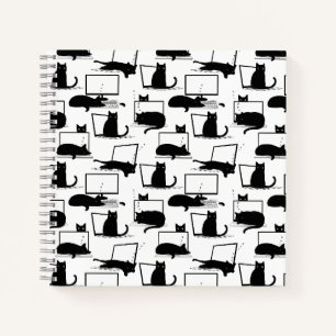 Black Cats Sitting on Laptops Pattern Notebook