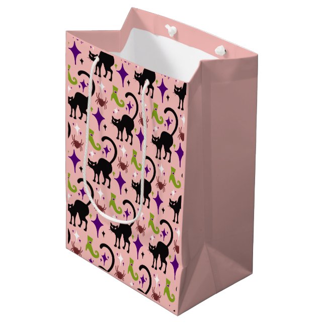 Black Cats Spiders Lime Witch's Boots Halloween Medium Gift Bag (Front Angled)