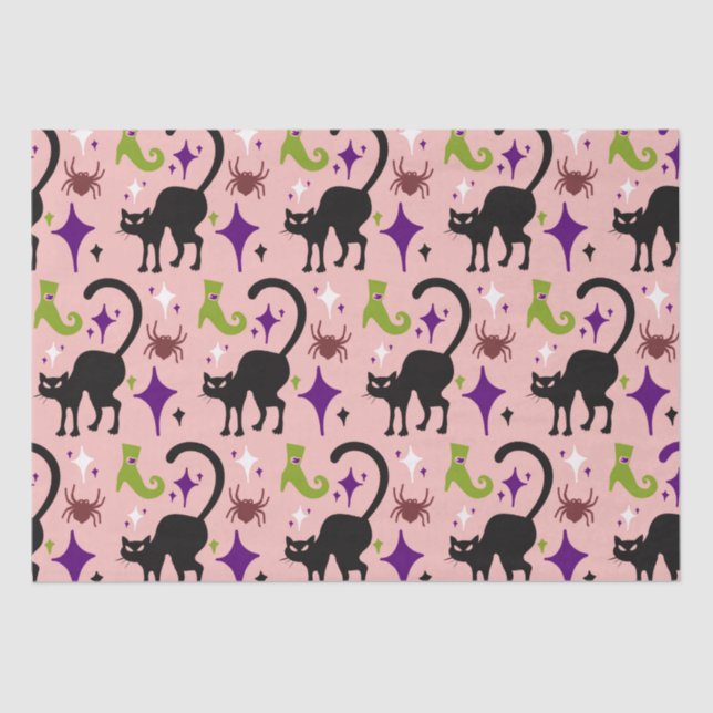 Black Cats Spiders Lime Witch's Boots Halloween Tissue Paper (Front)