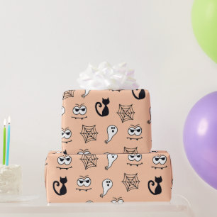 Black Cats Spiderwebs and Ghosts Orange Halloween Wrapping Paper