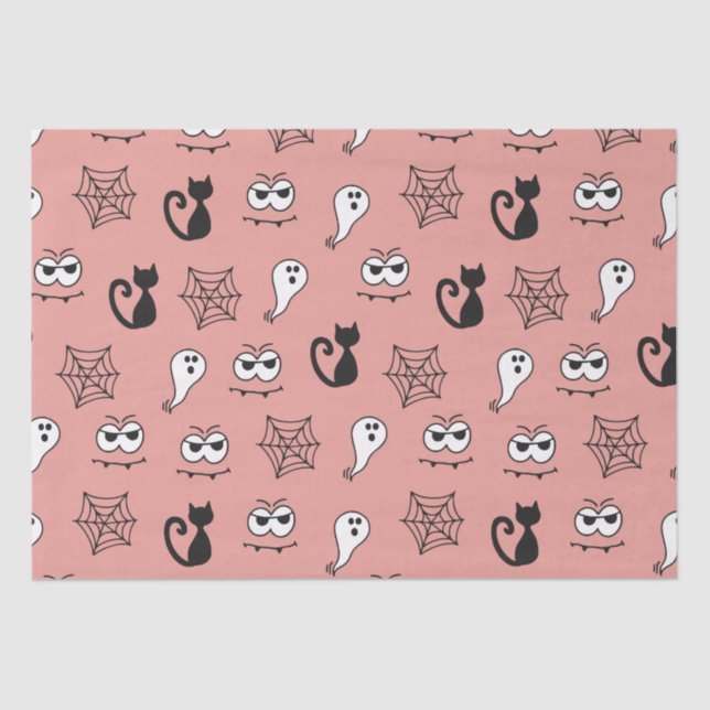Black Cats Spiderwebs and Ghosts Pink Halloween Tissue Paper (Front)