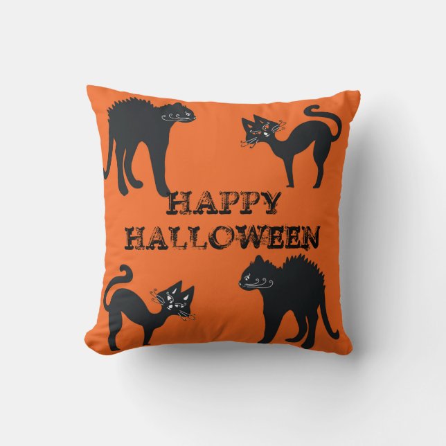 Black Cats Throw Cushion  Happy Halloween (Front)