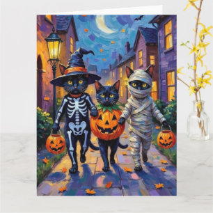 Black Cats Trick-or-Treating in Halloween Costumes Card
