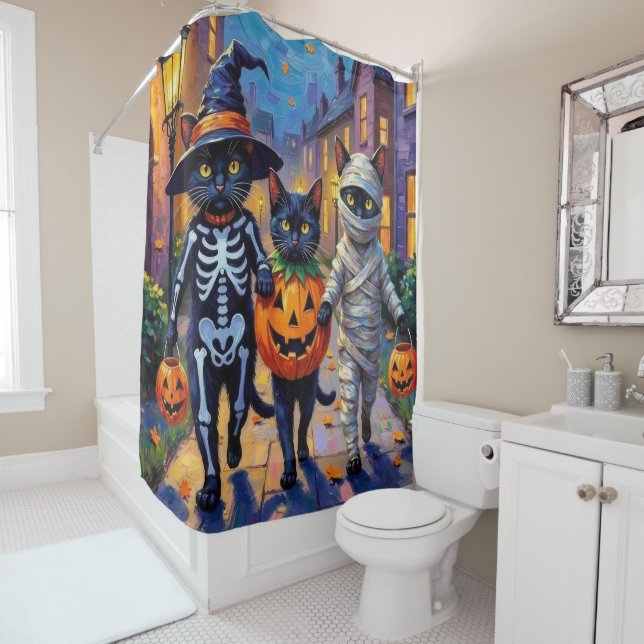 Black Cats Trick-or-Treating in Halloween Costumes Shower Curtain (In Situ)