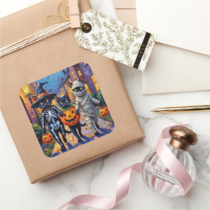 Black Cats Trick-or-Treating in Halloween Costumes Square Sticker