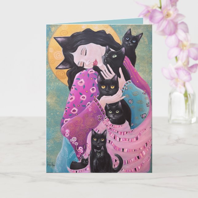 Black Cats Whimsical Art Card (Orchid)