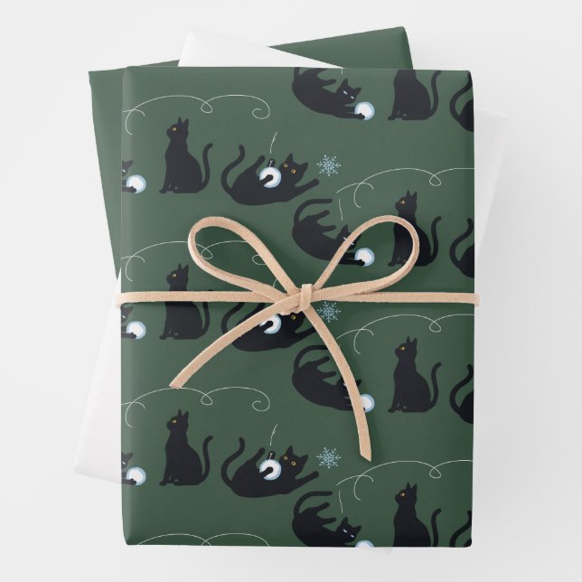 Black Cats Winter Cute Christmas Winter  Wrapping Paper Sheet (In situ)