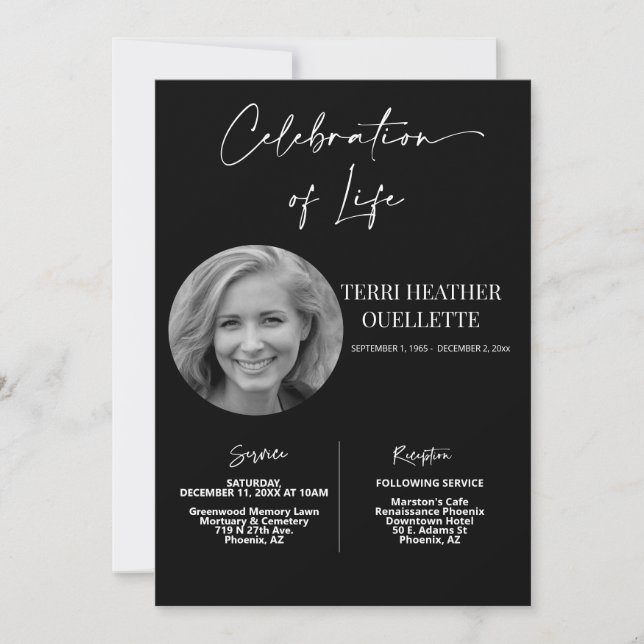 Black Celebration of Life Funeral Memorial Invitation (Front)
