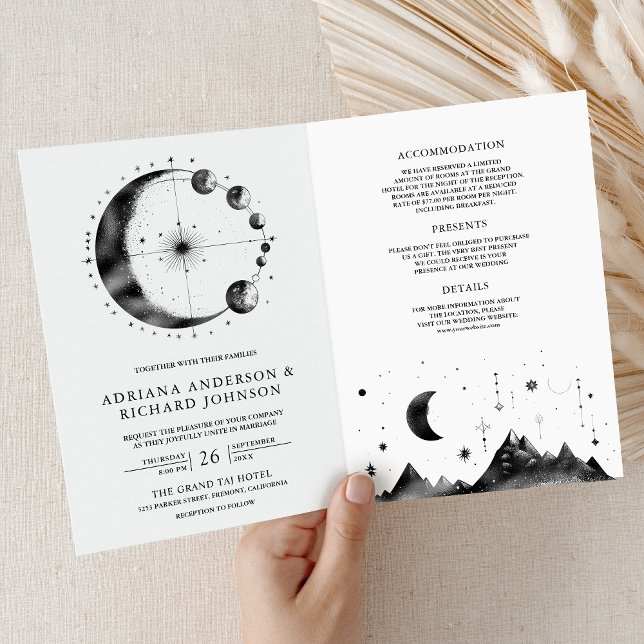Black Celestial Crescent Moon Phases Wedding Invitation (Creator Uploaded)