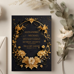 Black Celestial Mystical Gold Moon Wedding Invitation