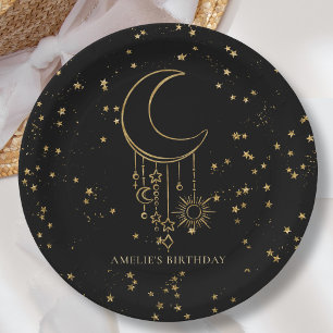 Black Celestial Star Moon Birthday Paper Plate