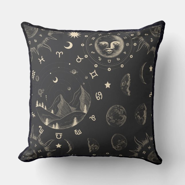 Black Celestial Themed Throw Pillow (Front)