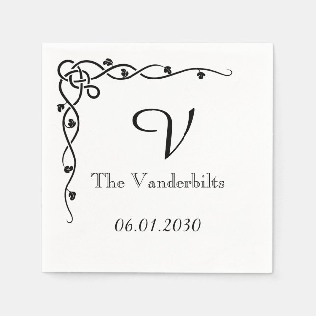 Black Celtic Knot Corner Vine Monogram Wedding Napkin (Front)