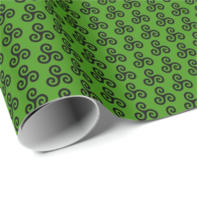 Black Celtic Triple Spiral Triskele on Green Wrapping Paper (Roll Corner)