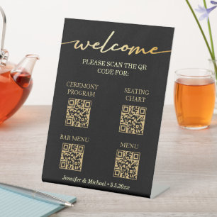 black ceremony&seating chart&bar menu qr code pedestal sign