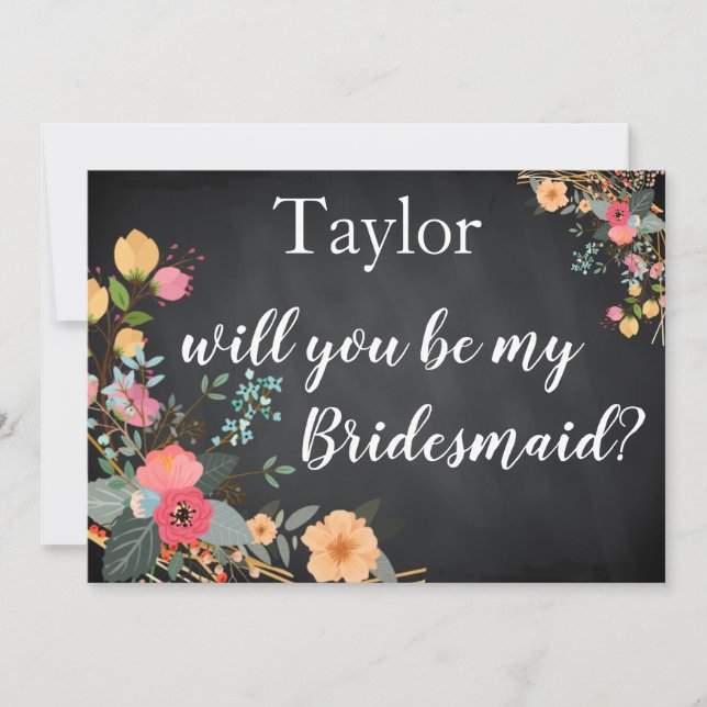 Black Chalk Board Floral Will you be my Bridesmaid Invitation (Front)