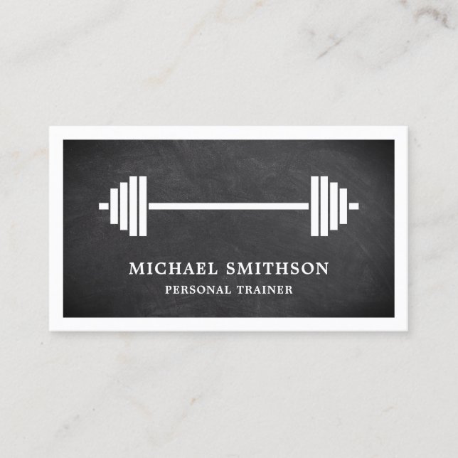 Black Chalkboard Barbell Fitness Personal Trainer Business Card (Front)