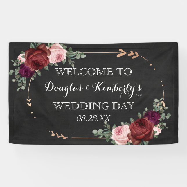 Black Chalkboard Burgundy Gold Rose Boho Wedding Banner (Horizontal)
