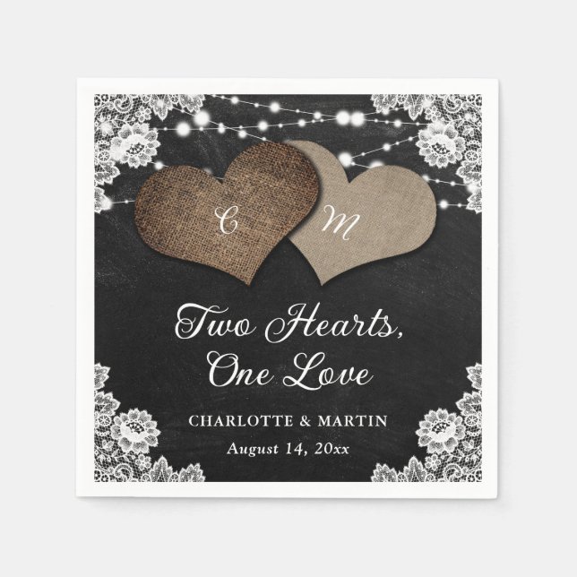 Black Chalkboard Burlap Lace Monogram Wedding Napkin (Front)