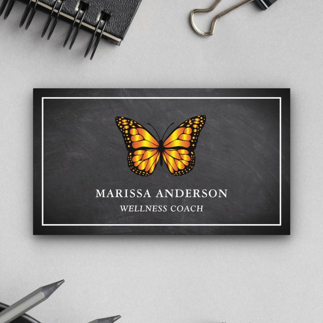 Black Chalkboard Elegant Orange Monarch Butterfly Business Card (Creator Uploaded)