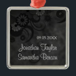 Black Chalkboard Floral Wedding Keepsake Ornaments<br><div class="desc">© Sunny Mars Designs - Floral Hibiscus: Black on Chalkboard Square Wedding Keepsake Ornament - Stylish,  modern,  elegant,  classy,  trendy,  chic customisable Gothic wedding ornament keepsake with a beautiful,  gorgeous Goth black swirly floral tropical hibiscus design against a black chalkboard background.</div>