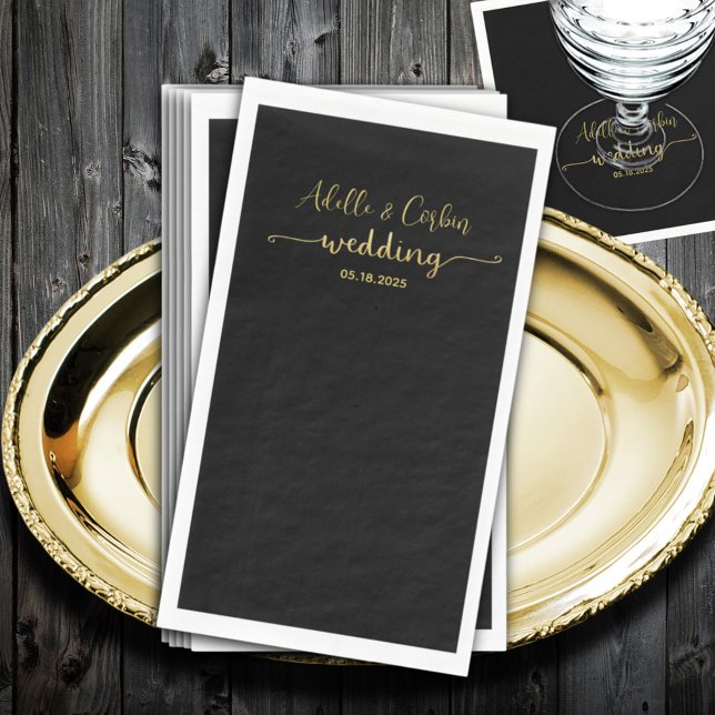 Black Chalkboard & Gold Calligraphy Wedding Napkin (Creator Uploaded)