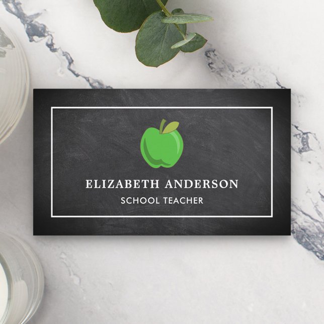 Black Chalkboard Green Apple School Teacher Business Card (Creator Uploaded)