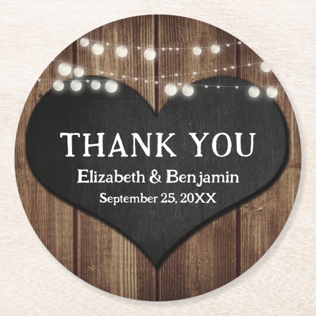 Black Chalkboard Heart Wood Wedding Thank You Round Paper Coaster (Front)