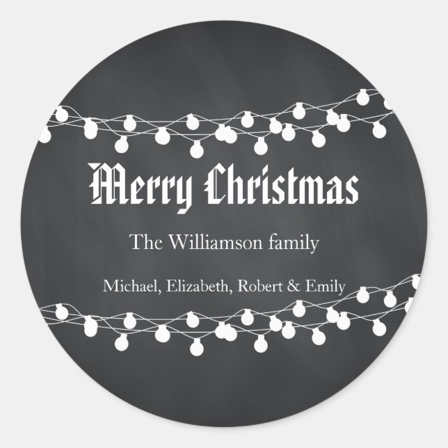 Black Chalkboard Holiday Christmas Lights Classic Round Sticker (Front)