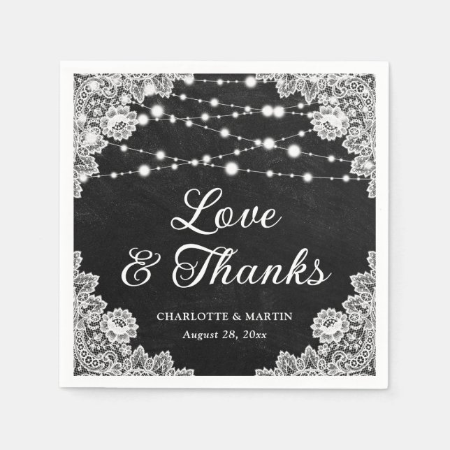 Black Chalkboard Lace Love and Thanks Wedding Napkin (Front)
