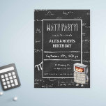 Black Chalkboard Math Formulas Calculator Birthday Invitation<br><div class="desc">Adorable and cute math birthday party invitation with a background of white formulas and equations on a chalkboard like black background. On the foreground there is a little child with a calculator costume. Illustrated and designed by Patricia Alvarez.</div>