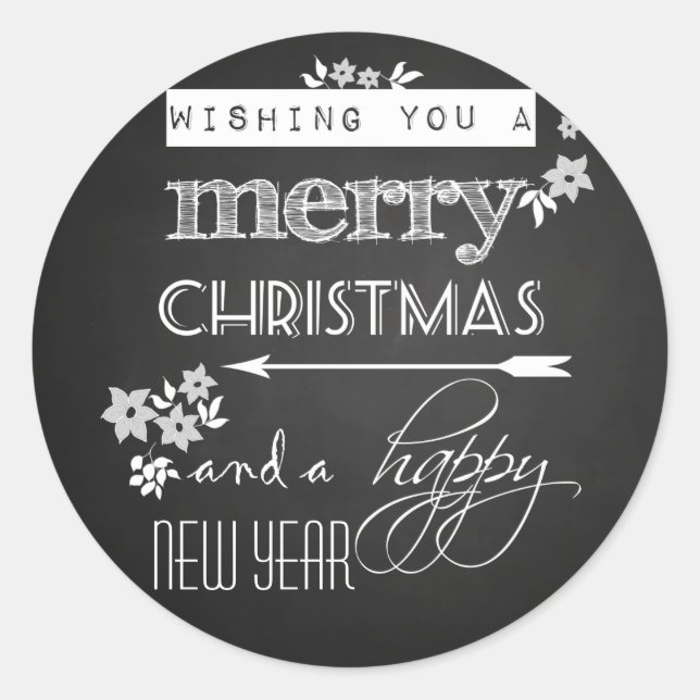 Black Chalkboard Merry Christmas Happy New Year Classic Round Sticker (Front)