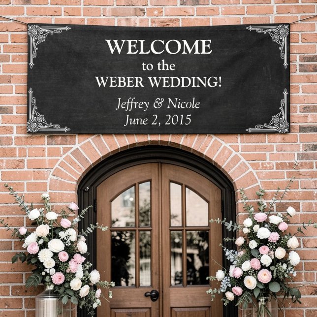 Black Chalkboard Rustic White Flourishes Wedding Banner (Creator Uploaded)