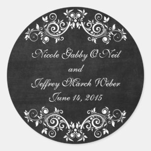 Black Chalkboard Rustic White Flourishes Wedding Classic Round Sticker