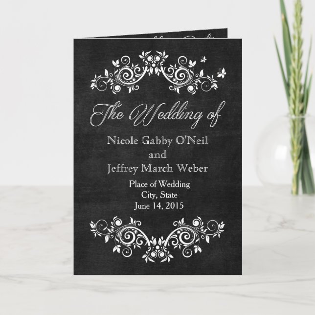 Black Chalkboard Rustic White Flourishes Wedding Programme (Front)