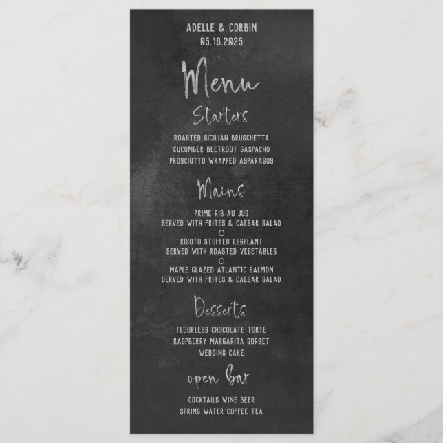 Black Chalkboard Silver Fancy Calligraphy Script Menu (Front)