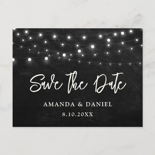 Black Chalkboard String Lights Save The Date Postcard (Front)