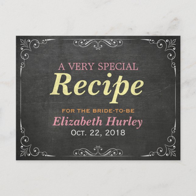 Black Chalkboard White Floral Bridal Shower Recipe Invitation Postcard (Front)
