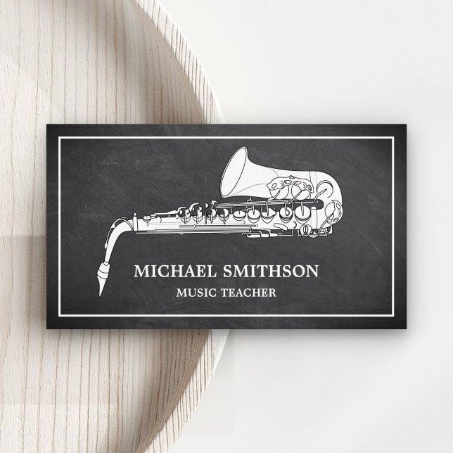Black Chalkboard White Saxophone Music Teacher Business Card (Creator Uploaded)