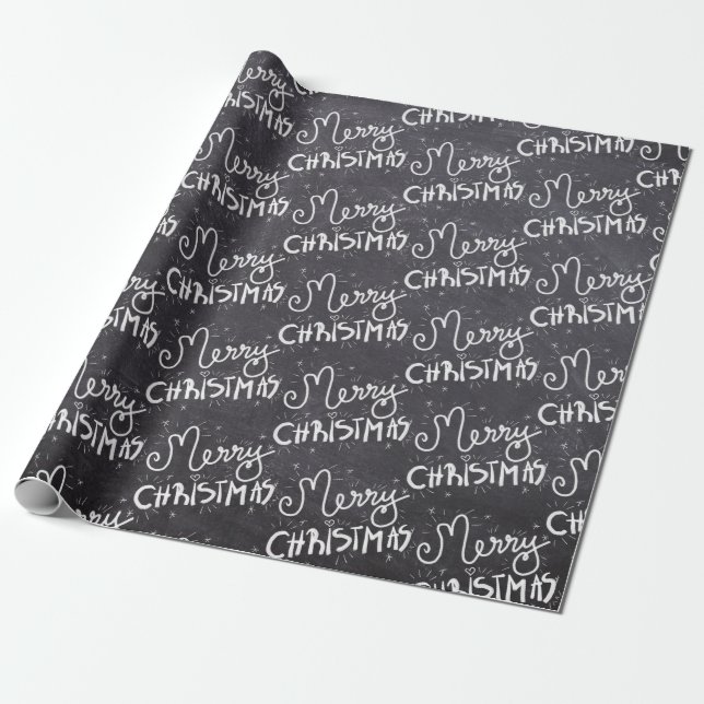 Black Chalkboard White Script Merry Christmas Wrapping Paper (Unrolled)