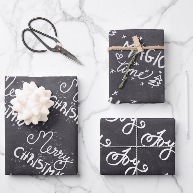 Black Chalkboard White Script Merry Christmas Wrapping Paper Sheet (Front)