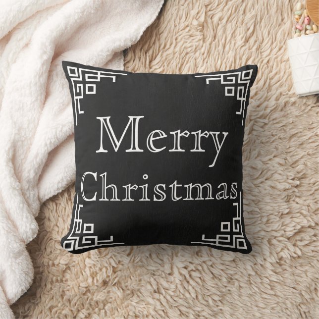 Black Chalkboard White Swirl Merry Christmas Cushion (Blanket)