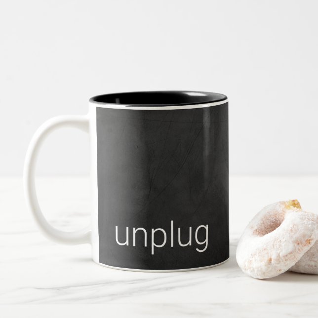 Black chalkboard with word "unplug" Two-Tone coffee mug (With Donut)
